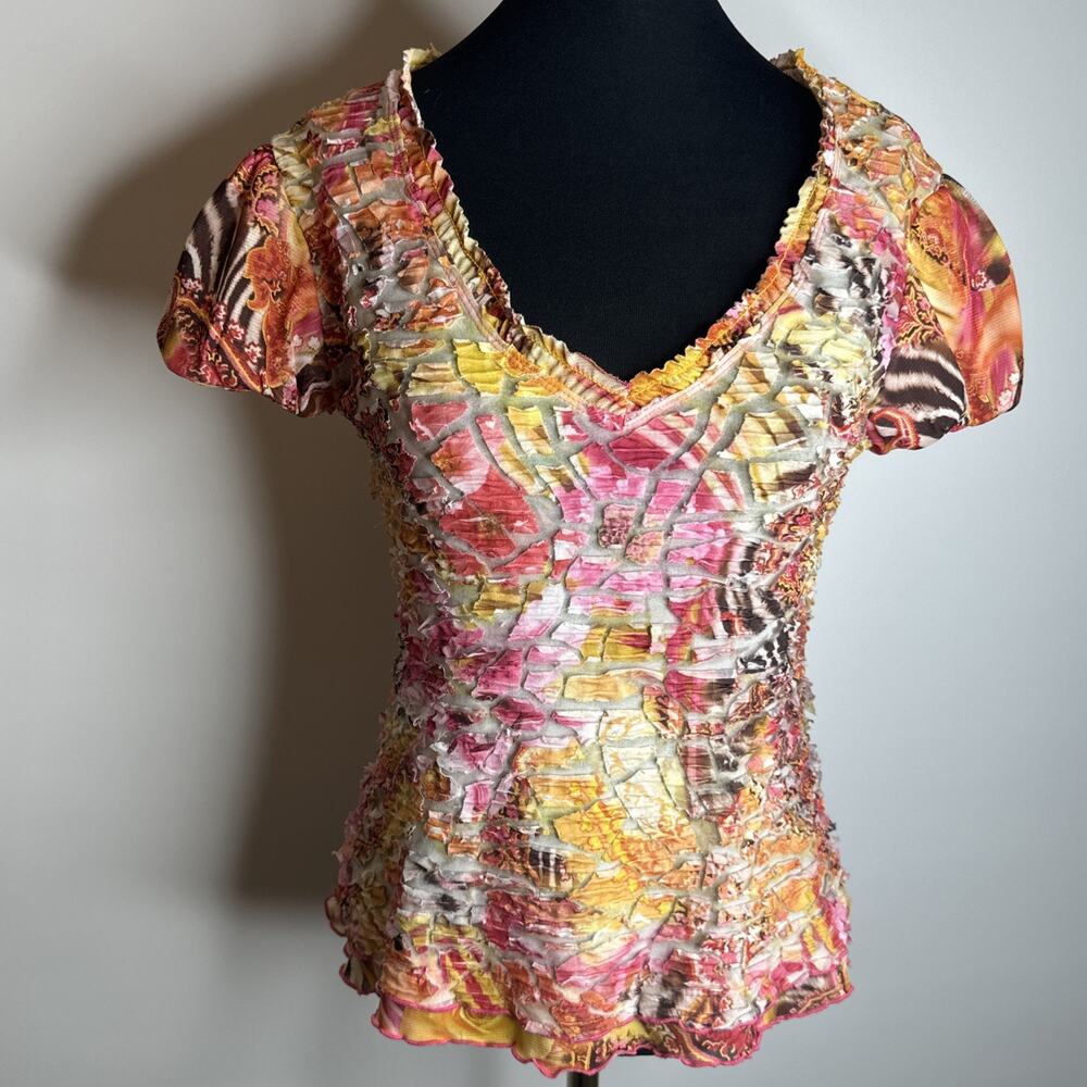SnoSkins Vintage Crinkle Mesh Blouse Small Multicolor Abstract Collage Top USA